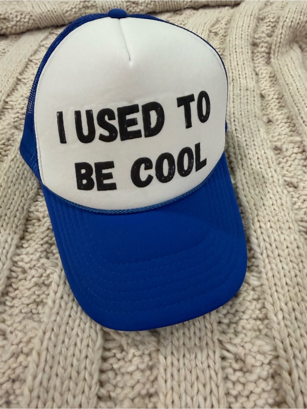 Funny Blue & White 'I Used To Be Cool' Trucker Hat Adult Unisex